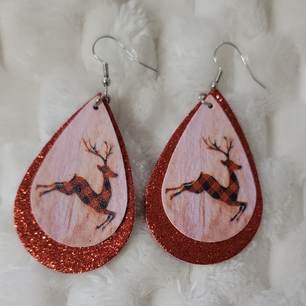 Red Glitter Reindeer Teardrop Earrings